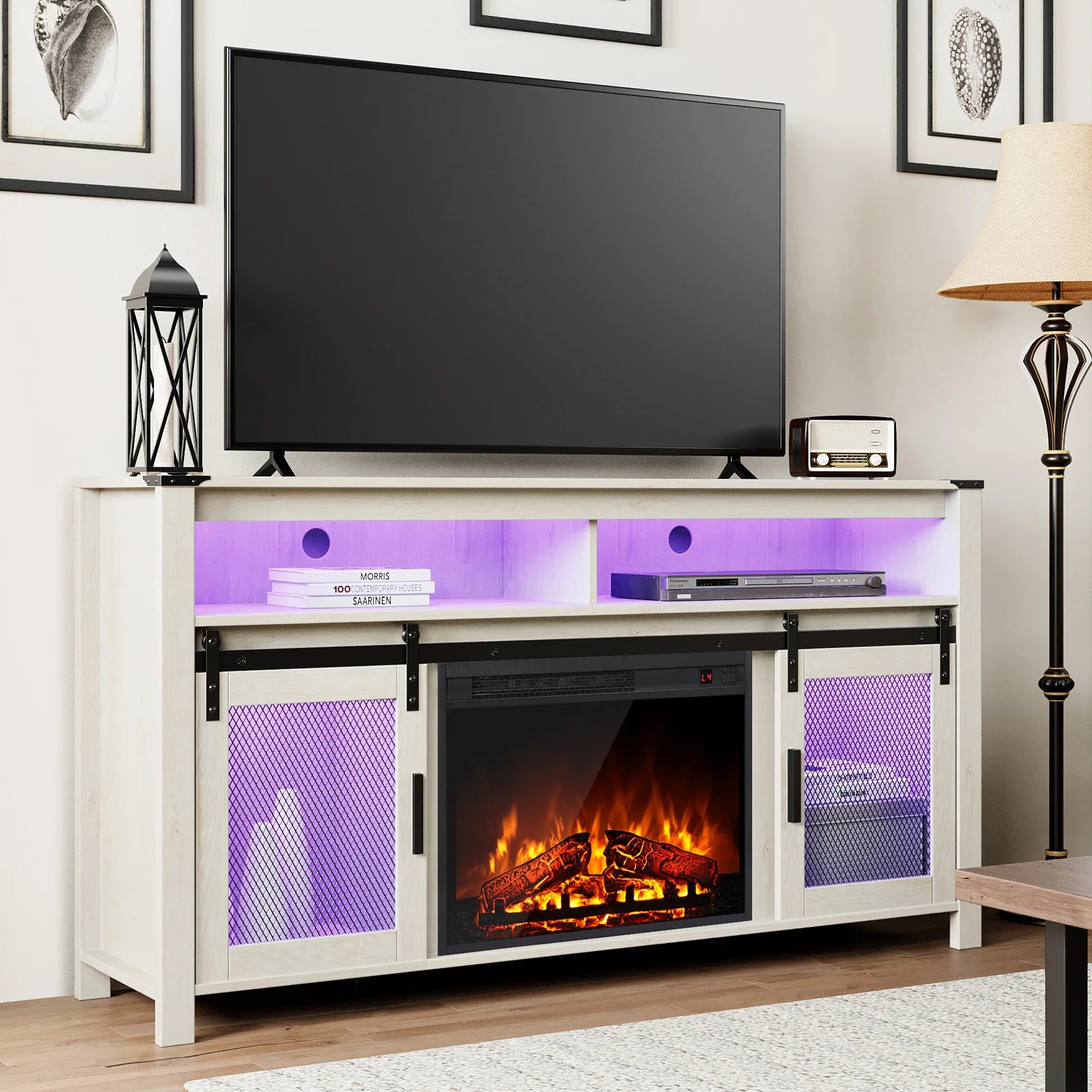 WAMPAT Farmhouse Fireplace TV Stand for 65+ Inch TV, Highboy Entertainment Center with 23