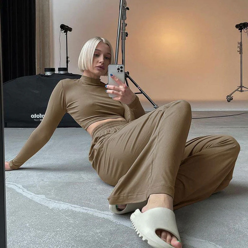 Long Sleeve Crop Top Wide Leg Pants Matching Set - KhakiClistos