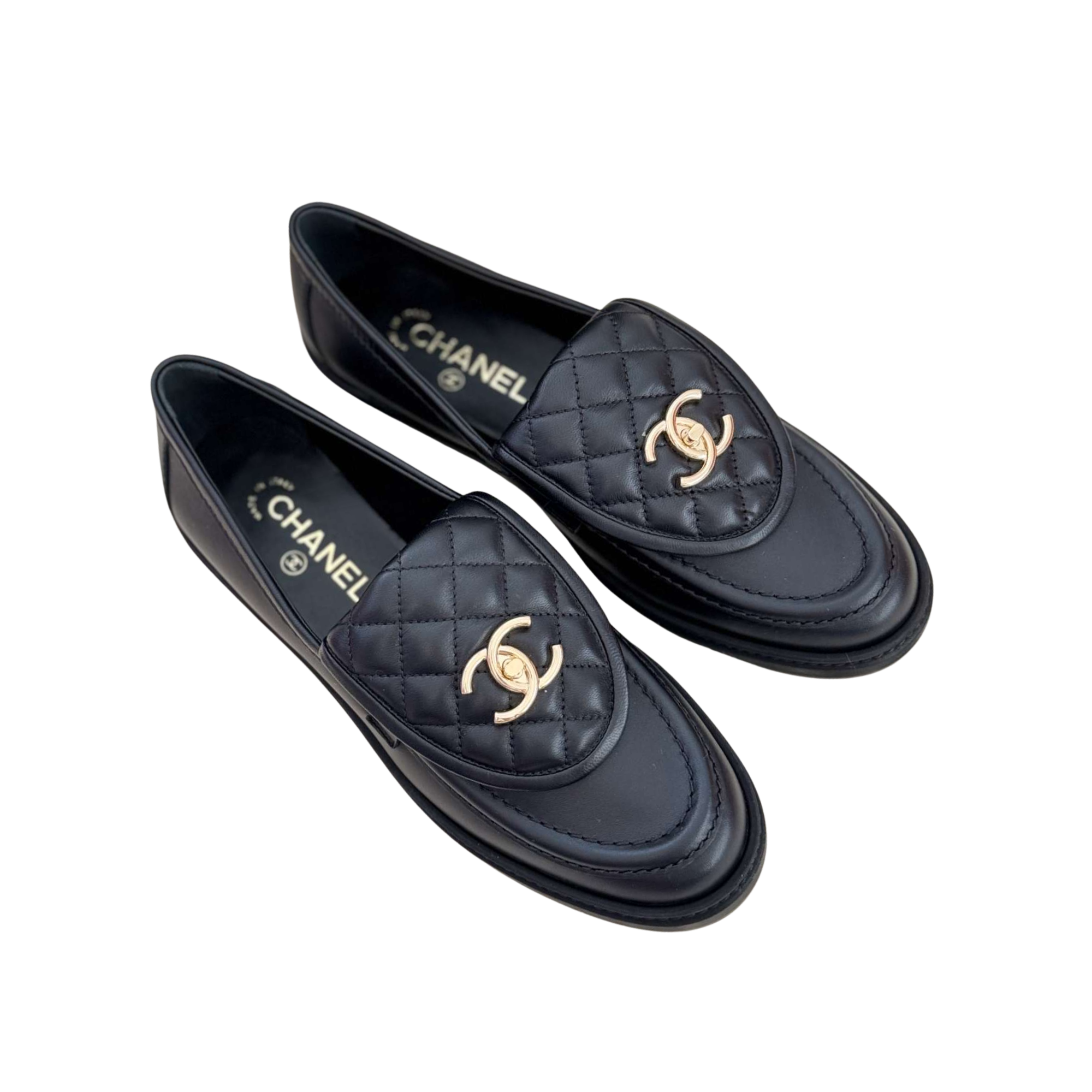 Chanel Quilted Leather Loafers Black with Gold CC Logo