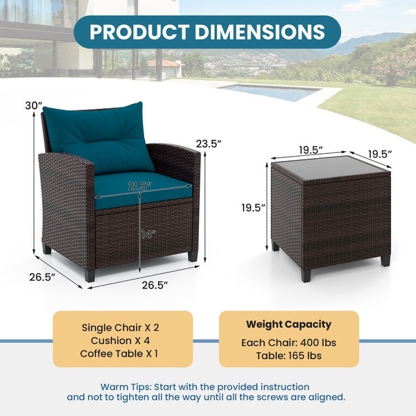 3 Pieces Rattan Patio Furniture Set with Washable Cushion