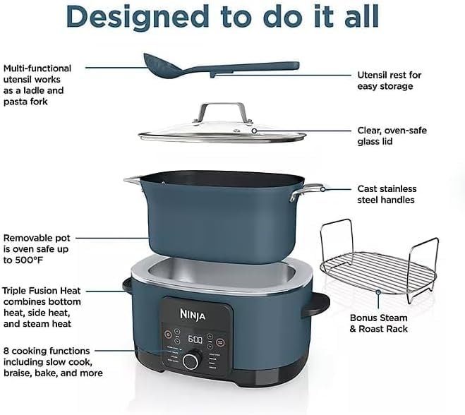 8-in-1 PossibleCooker PRO Multi-Cooker 8.5 Quart, Electric Slow Cooker and Rice Cooker Combo for Home and Kitchen, Nonstick Pot for Cooking Soups Stews and One-Pot Meals (Blue)