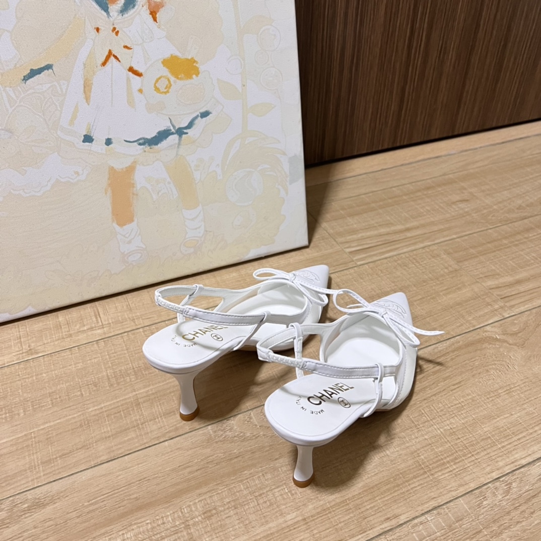 Chanel Cc Leather Pointy Toe Pumps Slingbacks Sandals White