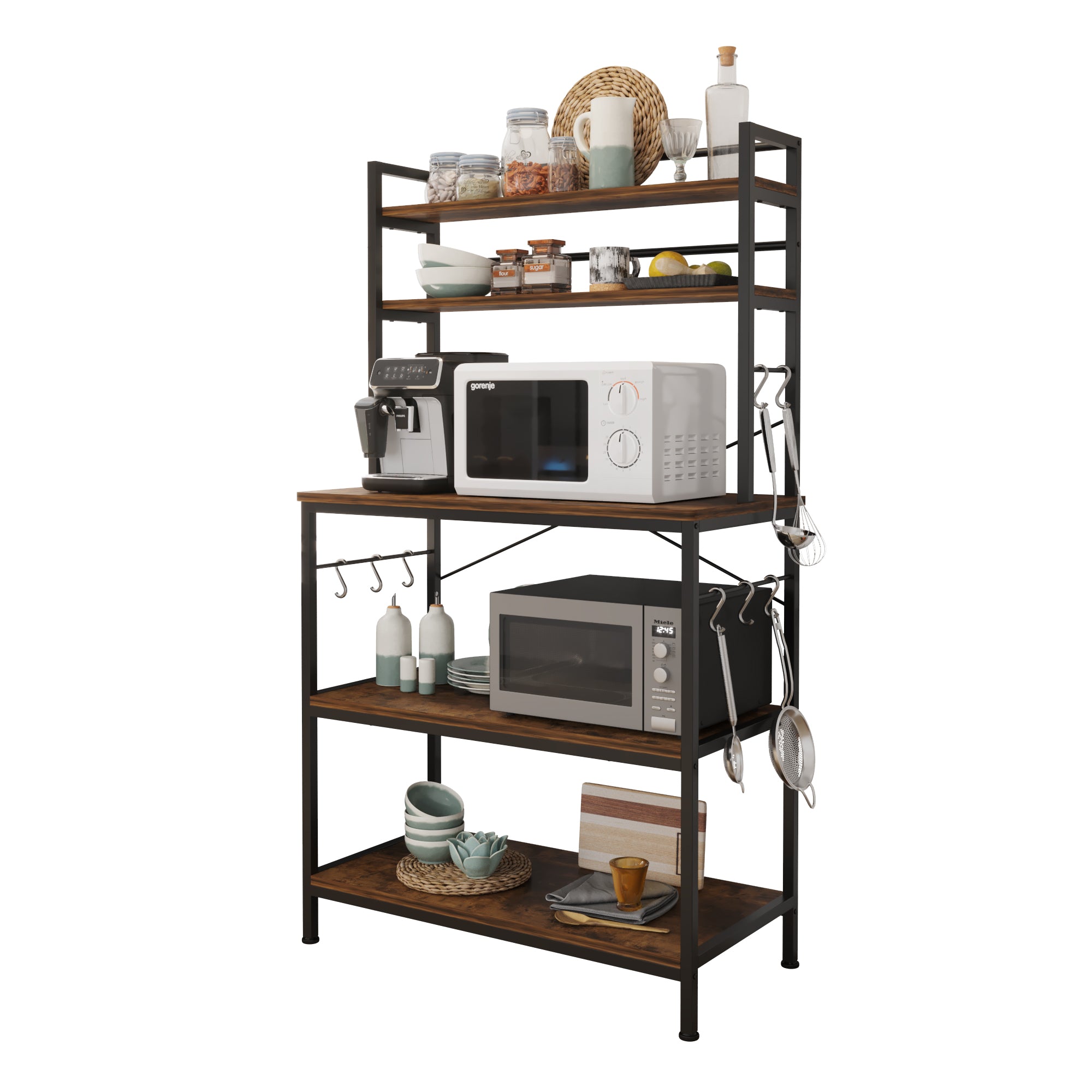 Ktaxon 5-Tier Kitchen Baker's Rack with 10 Hooks, Industrial Microwave Oven Stand Kitchen Island Cart Storage Shelving Unit Organizer, Rustic Brown