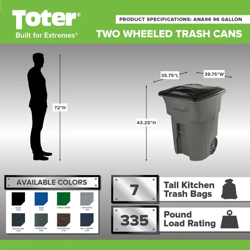 Toter 96-Gallon Wheeled Trash Can – Smooth-Rolling Casters & Secure Lid