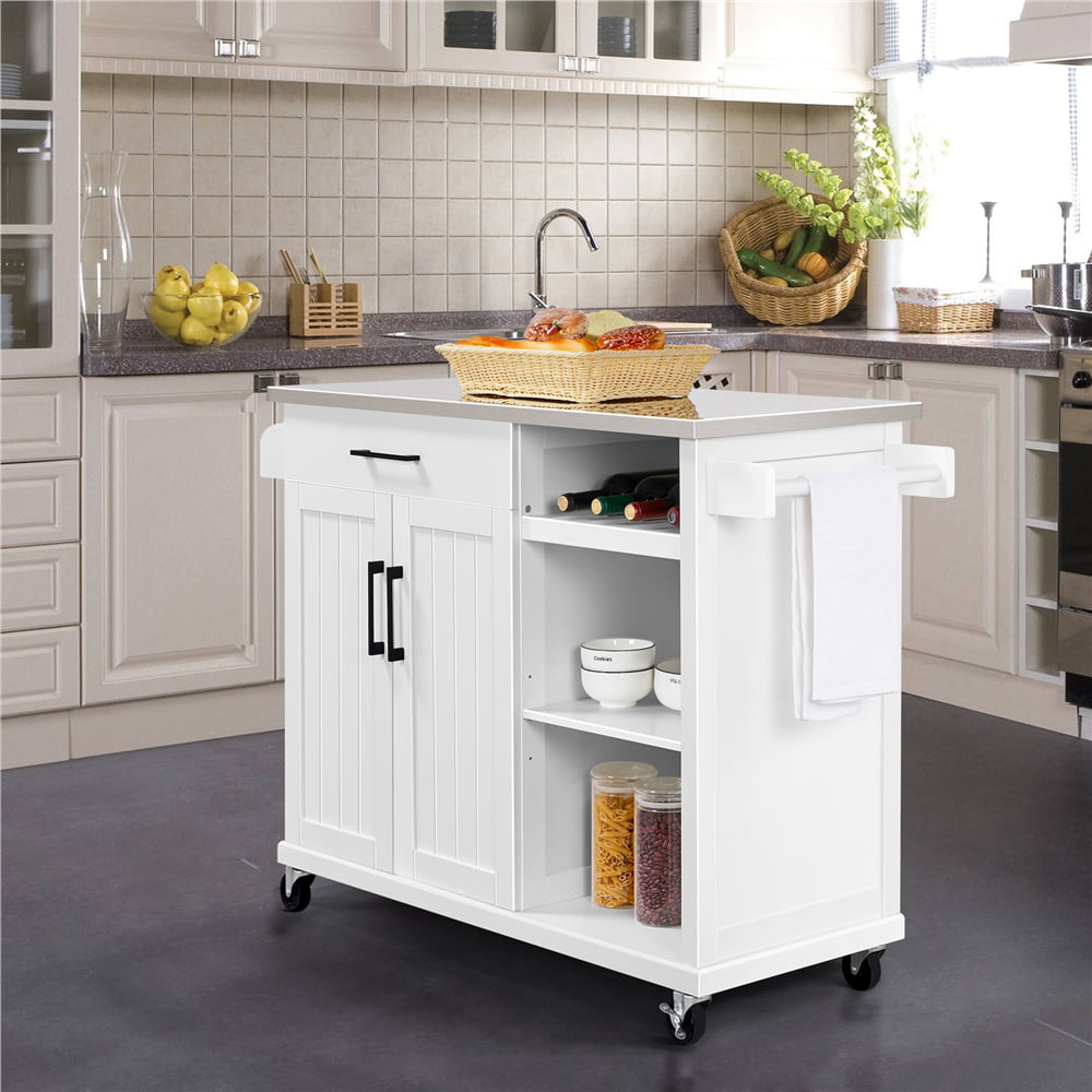 Yaheetech Kitchen Island Cart with Stainless Steel Top and Storage, Kitchen Island on Wheels with Drawer and Open Shelves,White