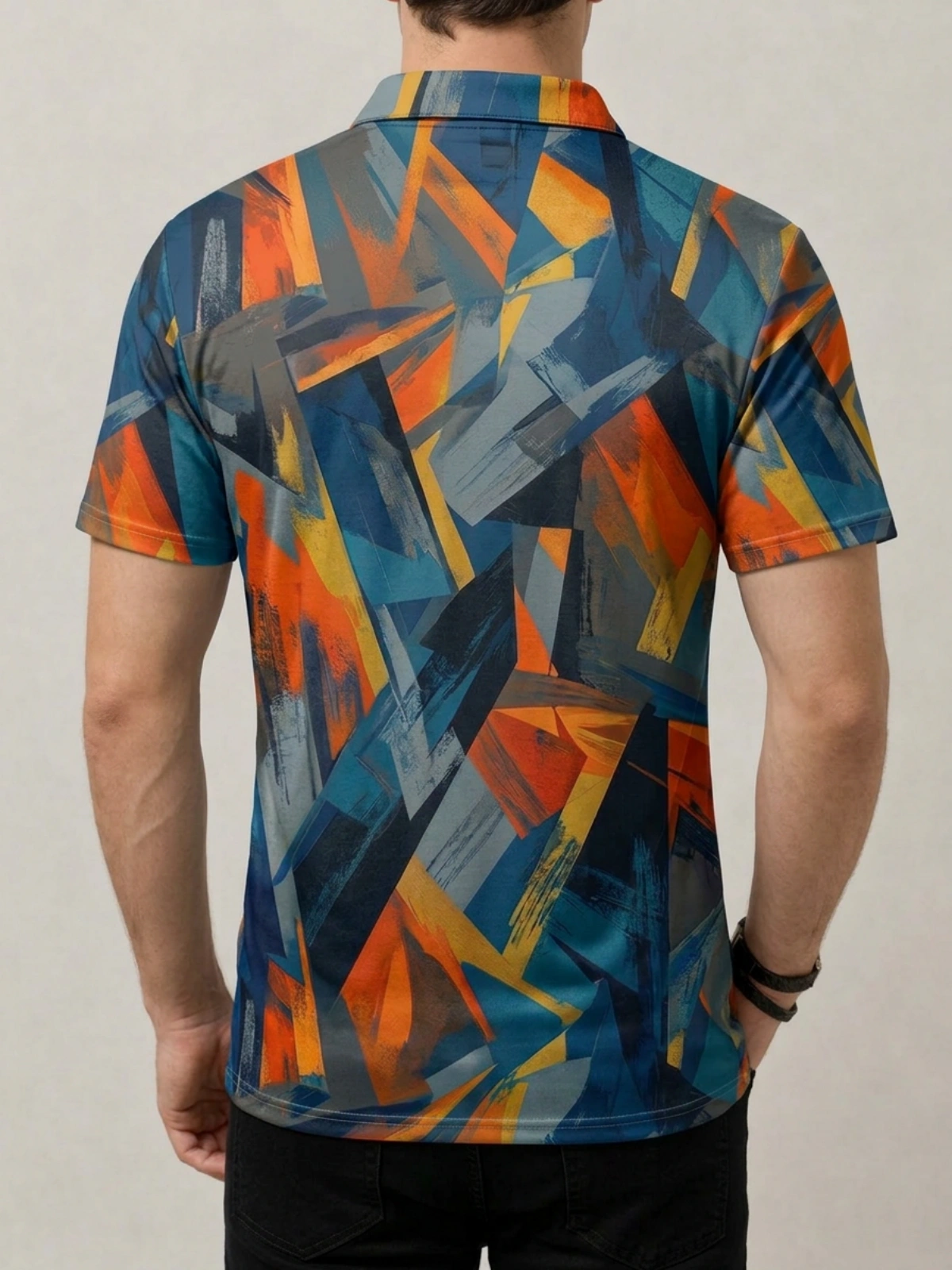 Blue Orange Yellow Abstract Brushstroke Print Short Sleeve Golf Polo Shirt