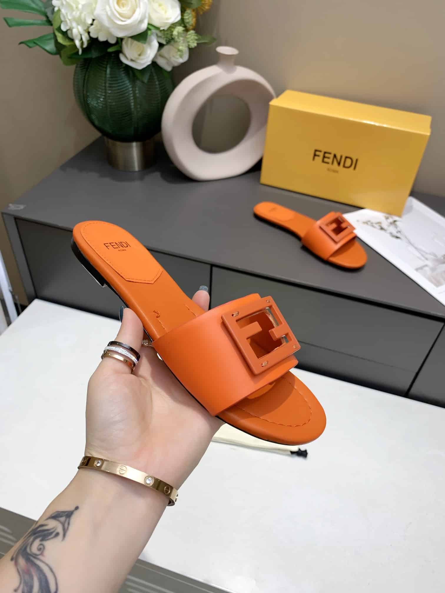 Fendi Signature Leather Sandals Slide Orange