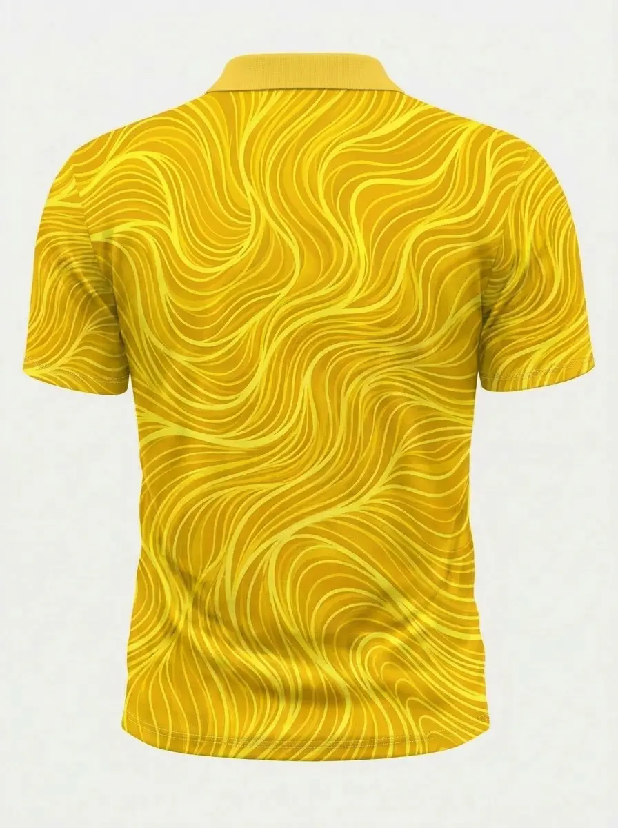 Moisture Wicking Golf Polo 3D Yellow Wavy Stripe Button Short Sleeve Golf Polo Shirt