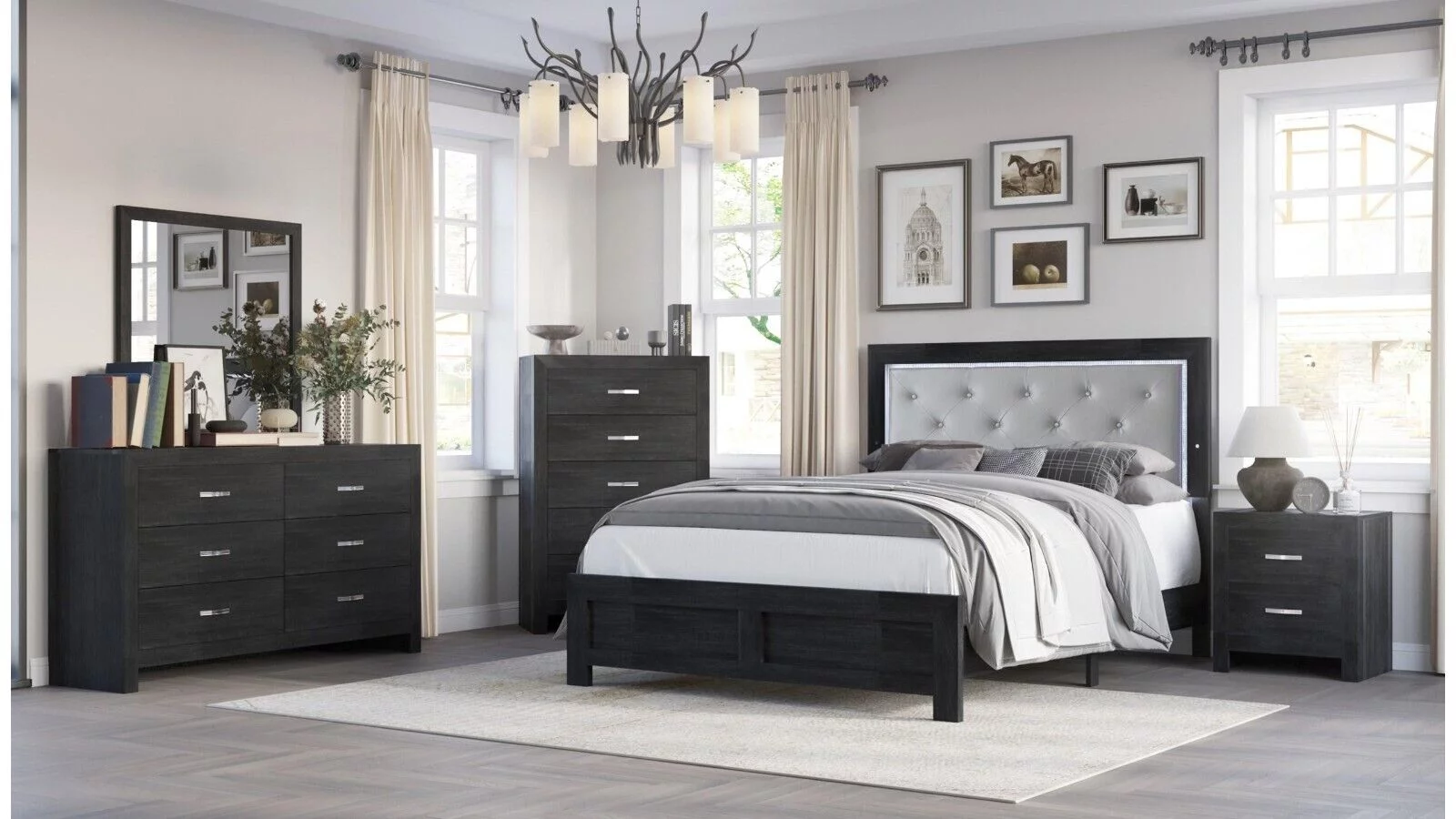 Modern 4pc King Size PU Upholstered LED Headboard Bed Dresser Mirror Nightstand Wooden Bedroom Furniture Set Black Finish