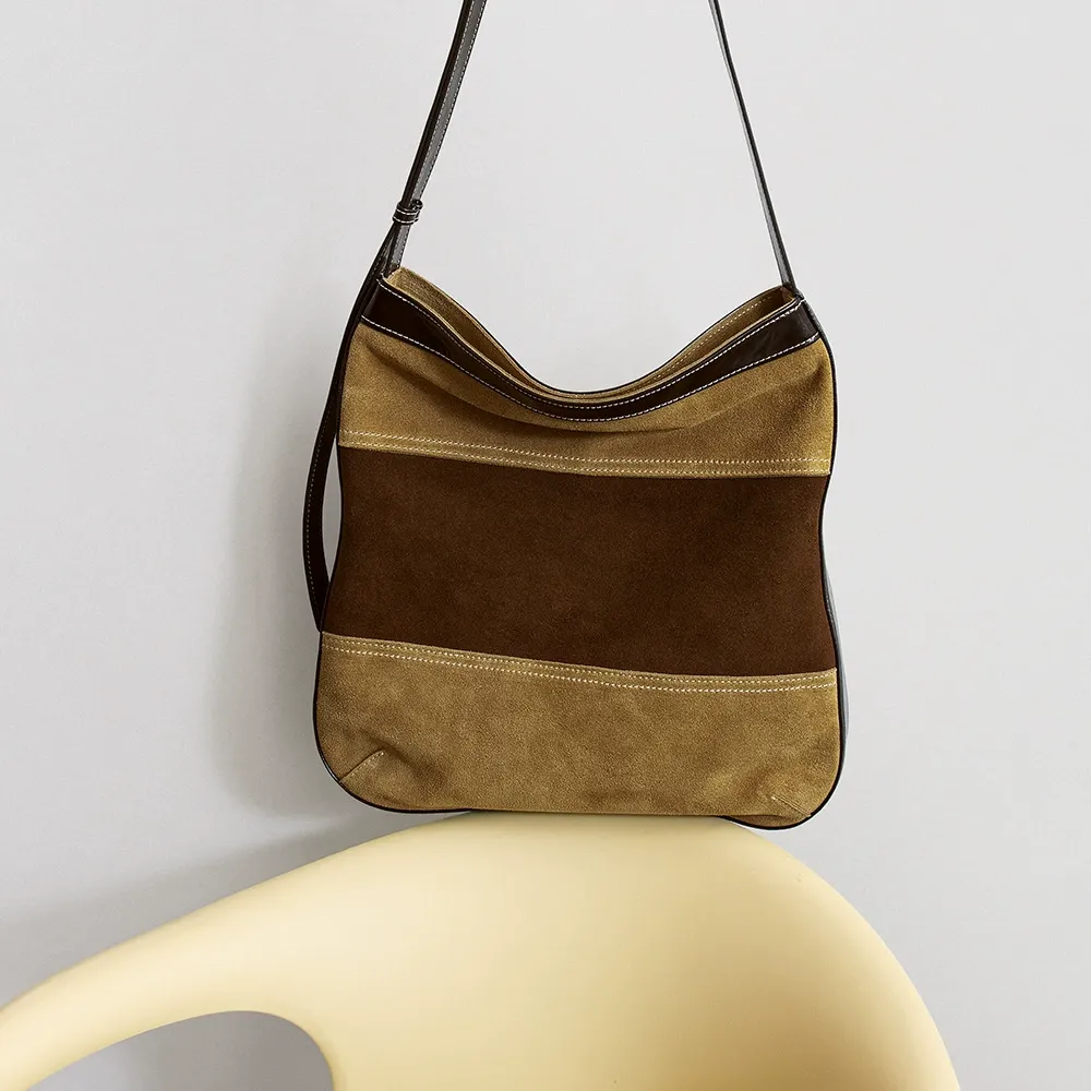 Brown Suede Patchwork Shoulder Bag
