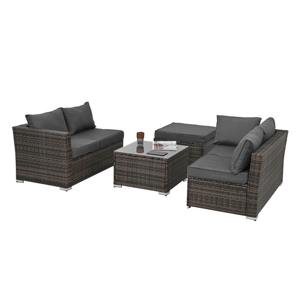 4Piece Patio Conversation Wicker Furniture Set,Sectional Sofa Set with Tempered Glass Coffee Table,Sofa Chair and Ottoman Sets