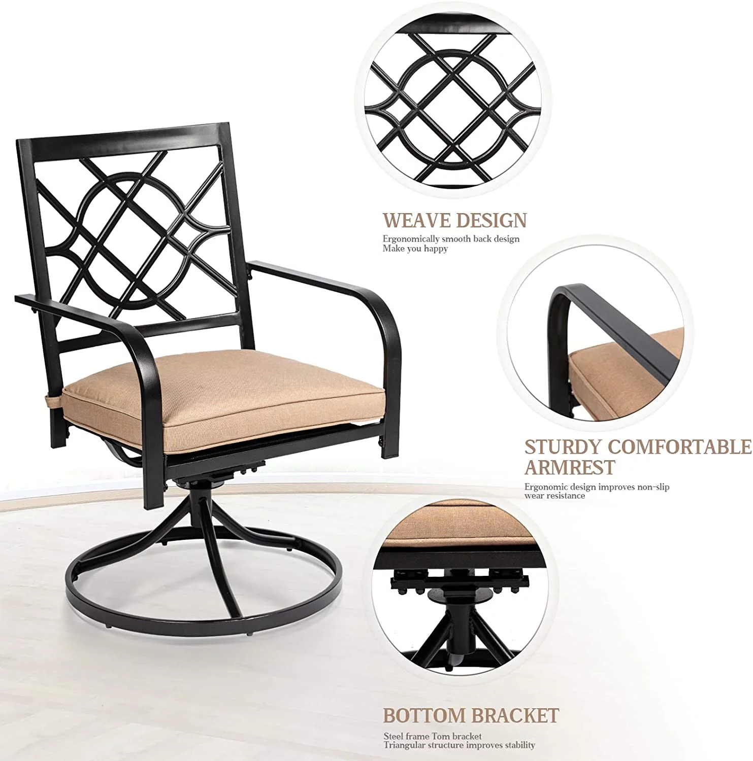 SUNCROWN 5 Pieces Outdoor Patio Metal Dining Set Swivel Chairs and Table Set with Brown Cushions