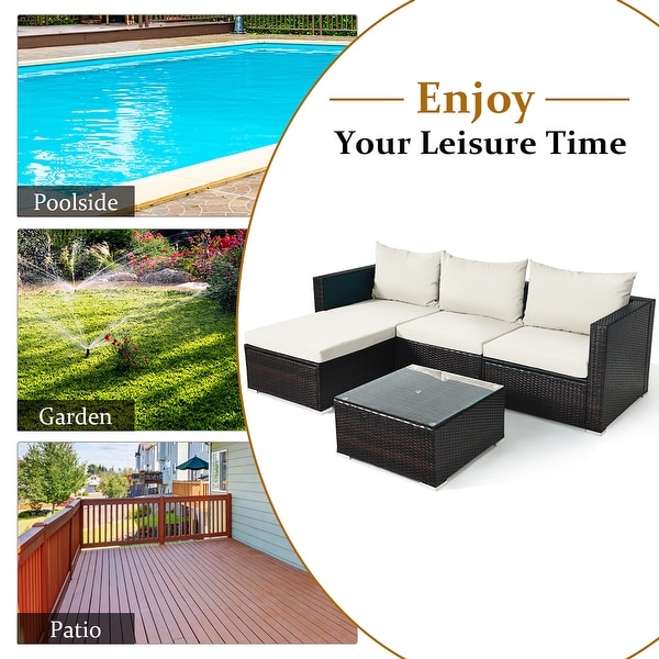 5PCS Patio Rattan Furniture Set Sectional Conversation Sofa w/ Coffee