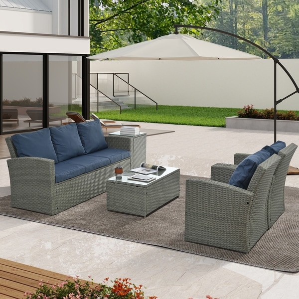 5Piece PE Rattan Wicker Patio Conversation Set With Cushions