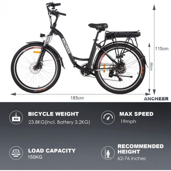 26″ Aluminum Electric Bike, Adults Electric Commuting Bicycle with Removable 12.5Ah Battery, Professional Derailleur with 6 Speed City Ebike