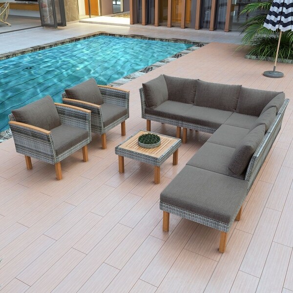 9Piece Patio Rattan Furniture Set,Outdoor Conversation Set With Acacia Wood Legs and Tabletop