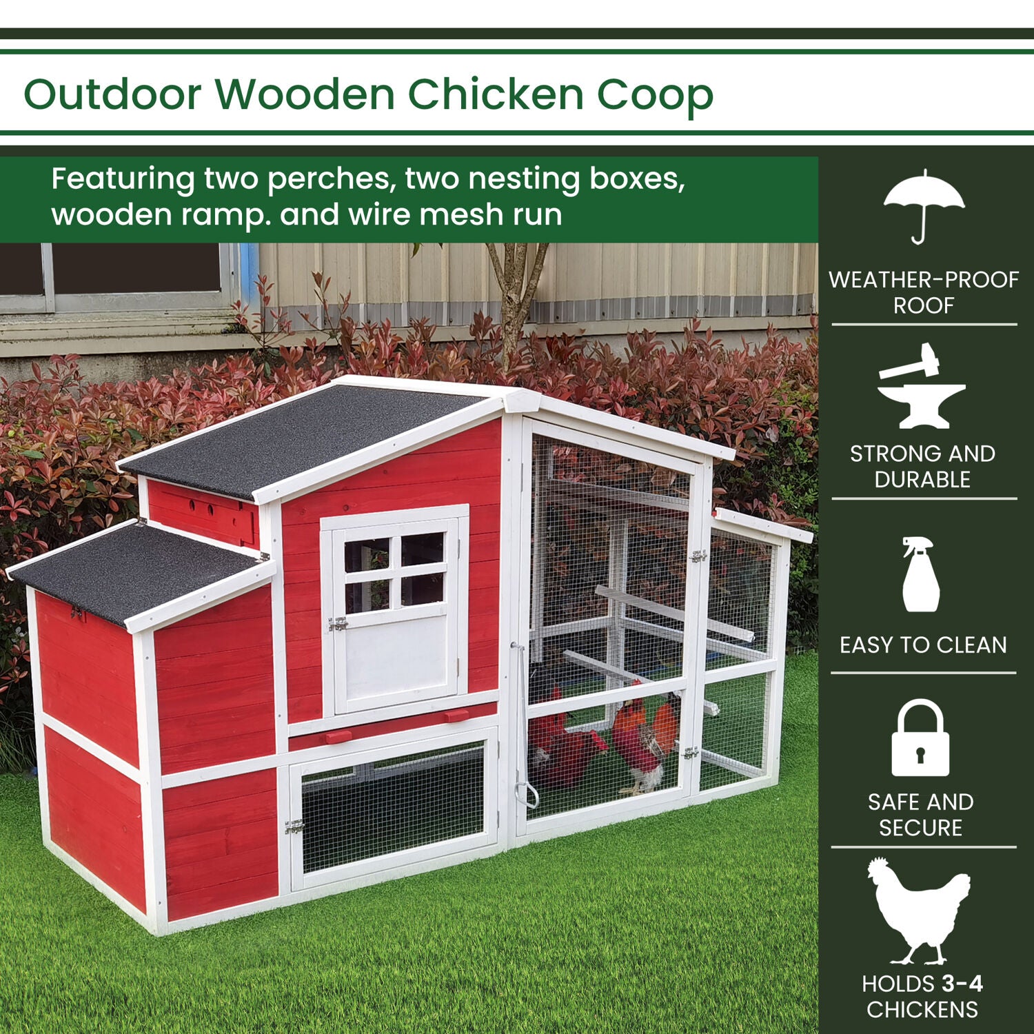 Hanover Outdoor Elevated Wooden Chicken Coop with Ramp, Wire Mesh Run, Waterproof Roof, Removable Tray, and External Door- HANCC0105
