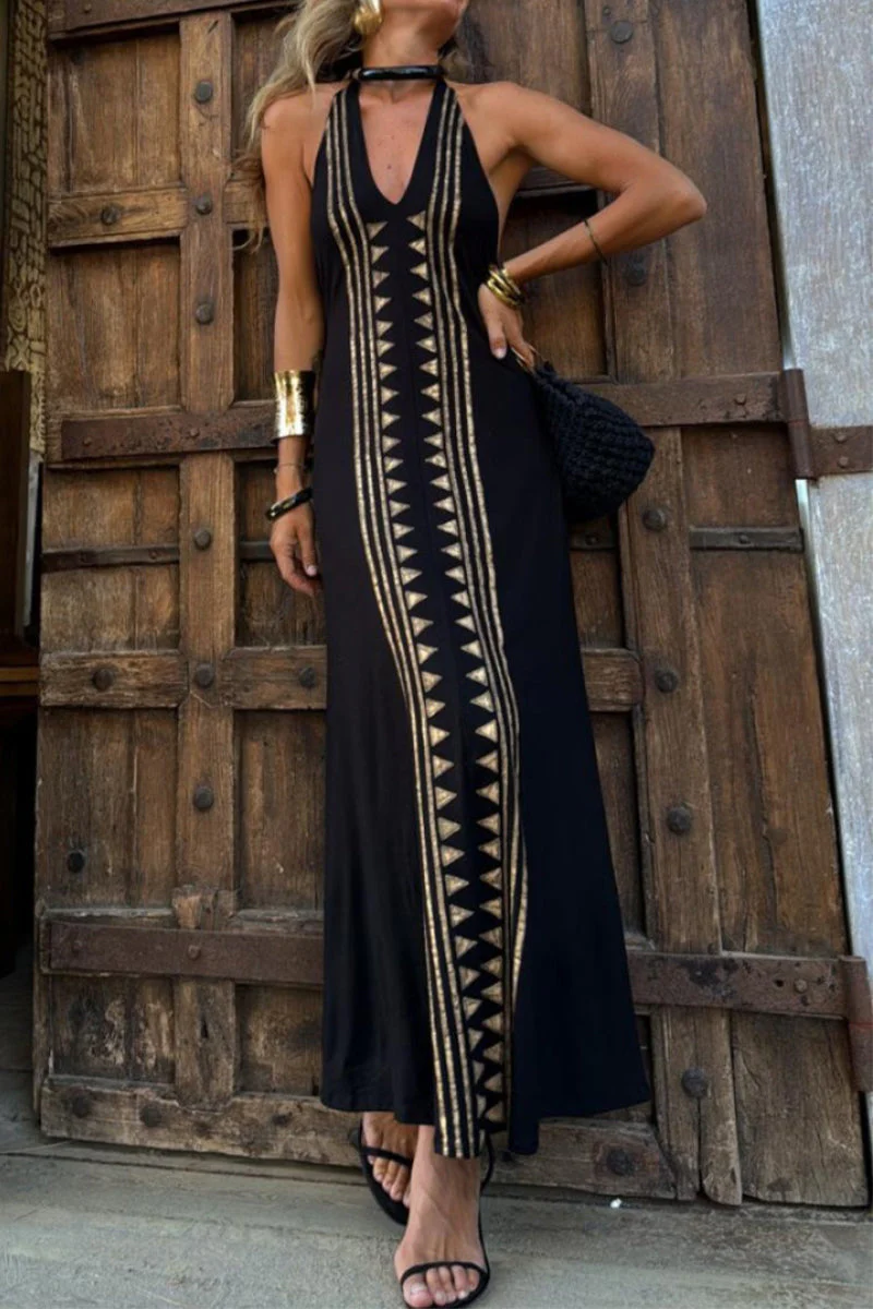 Geometric Halter Maxi Dress | Backless Long DressClistos