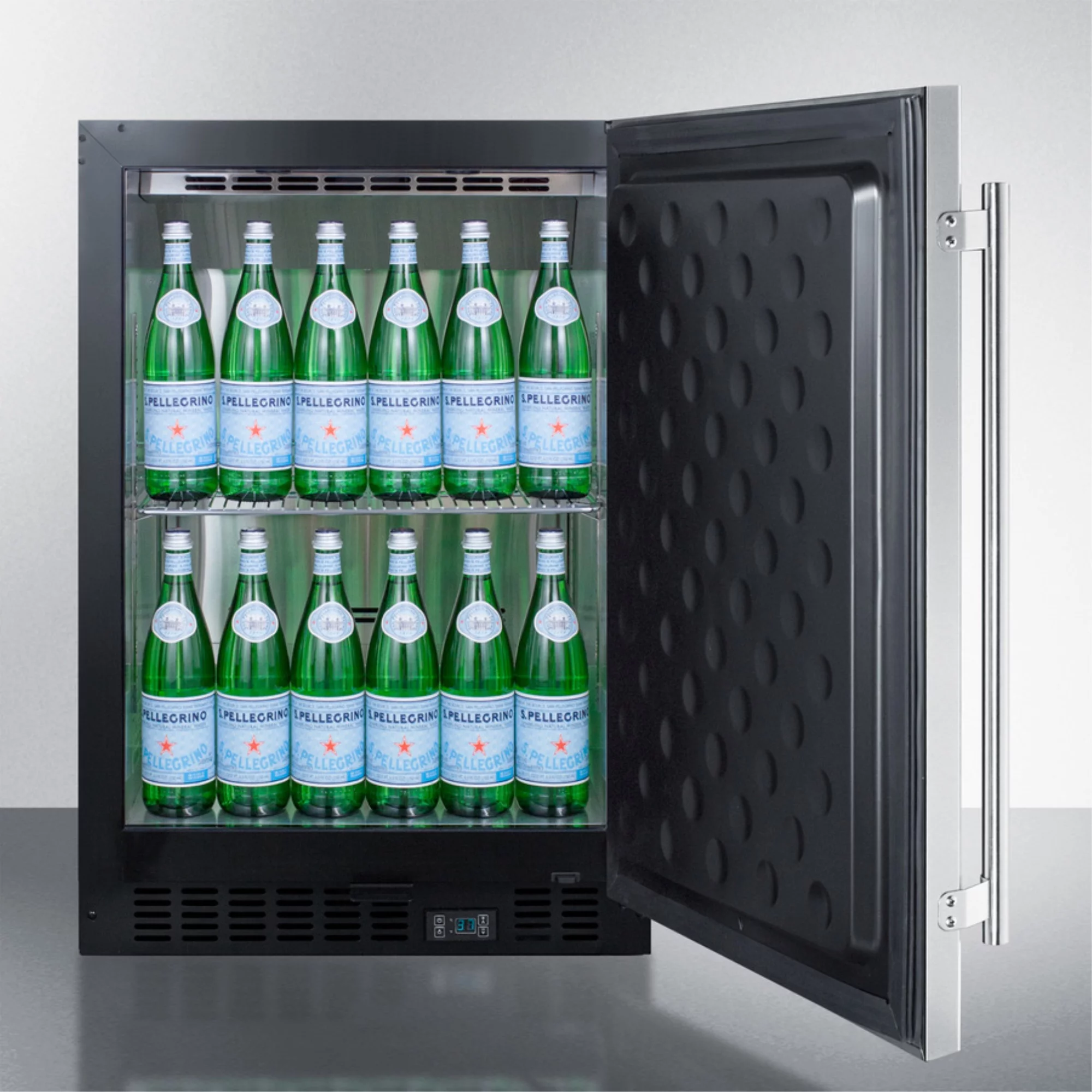 Built-in undercounter commercial refrigerator with SS interior, door, and cabinet