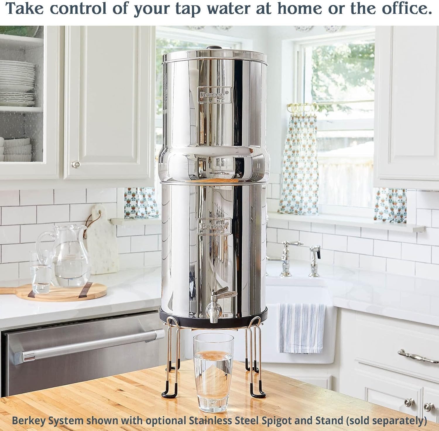 Gravity-Fed Stainless Steel Countertop Water Filter System 2.25 Gallon with 2 Black Filters