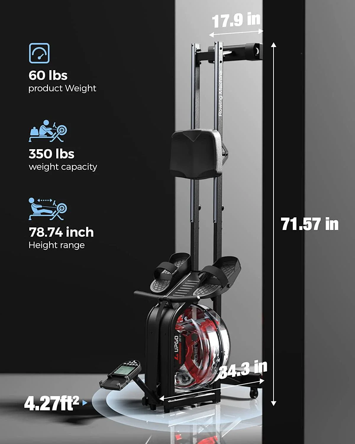 UPGO Water Rowing Machine 350 lb Weight Capacity - Foldable Rower for Home Use with LCD Monitor, Tablet Holder and Comfortable Seat Cushion, Size: ‎