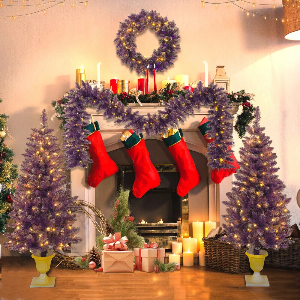 4 Pcs Pre-lit Artificial Christmas Tree Garland Wreath Set of 2 Entrance Trees