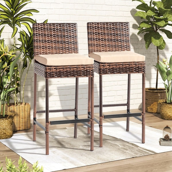Patio PE Wicker Bar Chairs with Cushions(Set of 2)