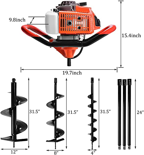 72CC Post Hole Digger,2-Stroke Auger Post Hole Digger Gas Powered Earth Digging Engine with 3 Auger Drill Bits (4