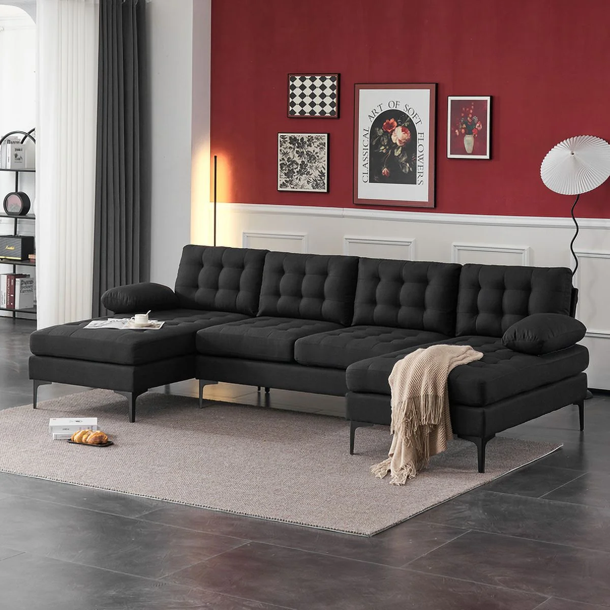 Fithood U-shaped Soft-Covered Armrest Backrest Seat Pull Point Wooden Frame Iron Frame Black Feet Indoor Sectional Sofa Black