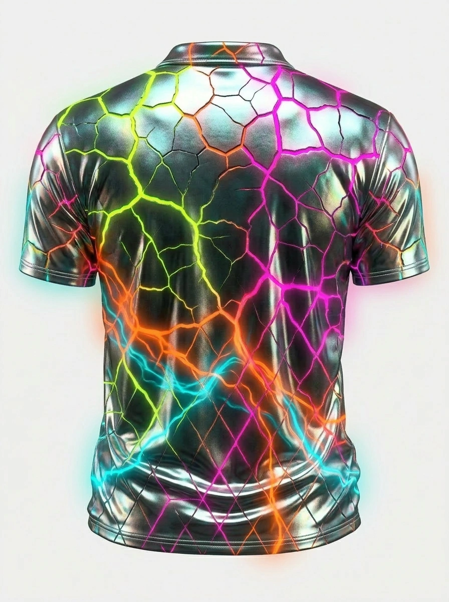 Moisture Wicking Golf Polo 3D Black Silver Cracked Lightning Button Short Sleeve Golf Polo Shirt