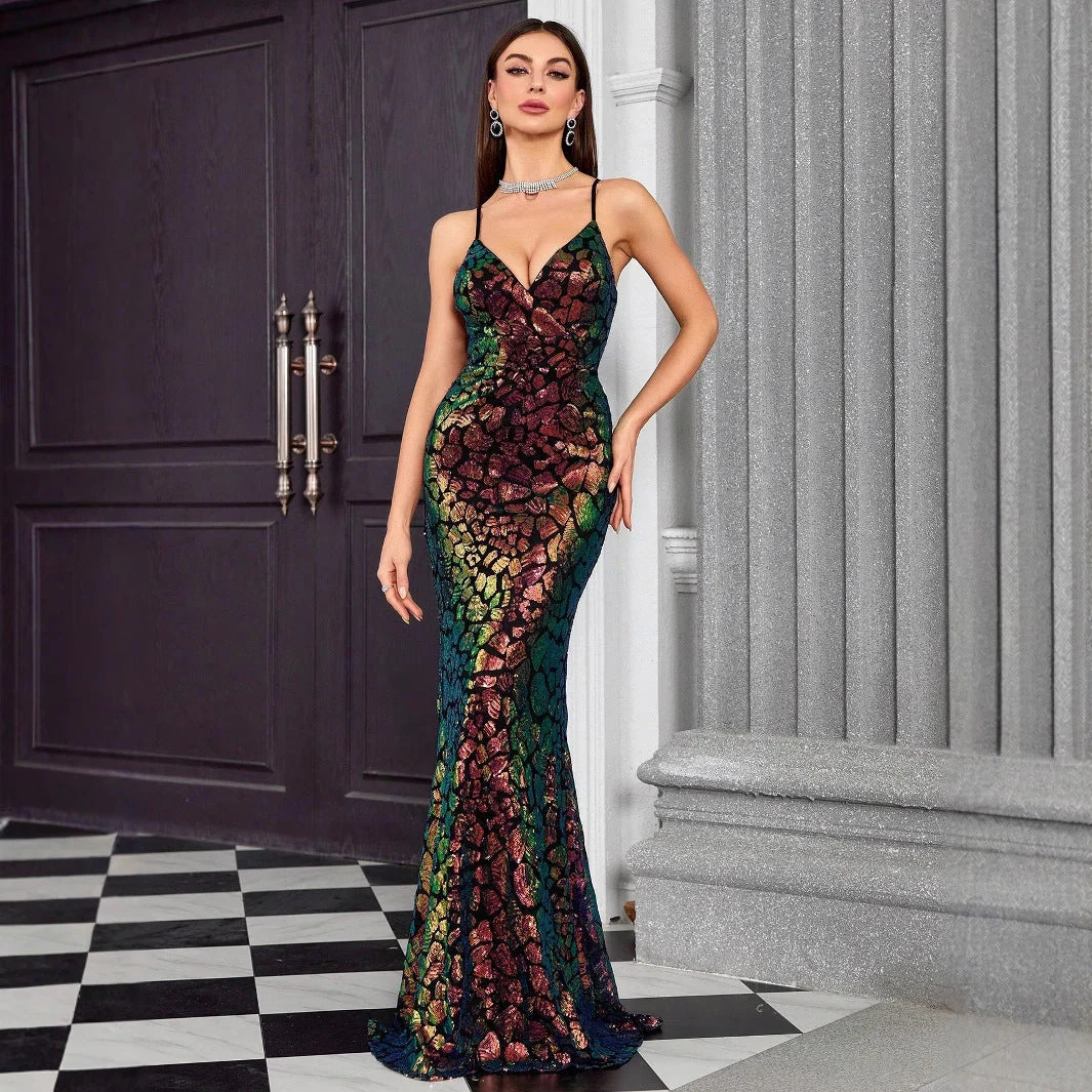 Sparkling V-Neck Fishtail Gown - Elegant Evening DressClistos