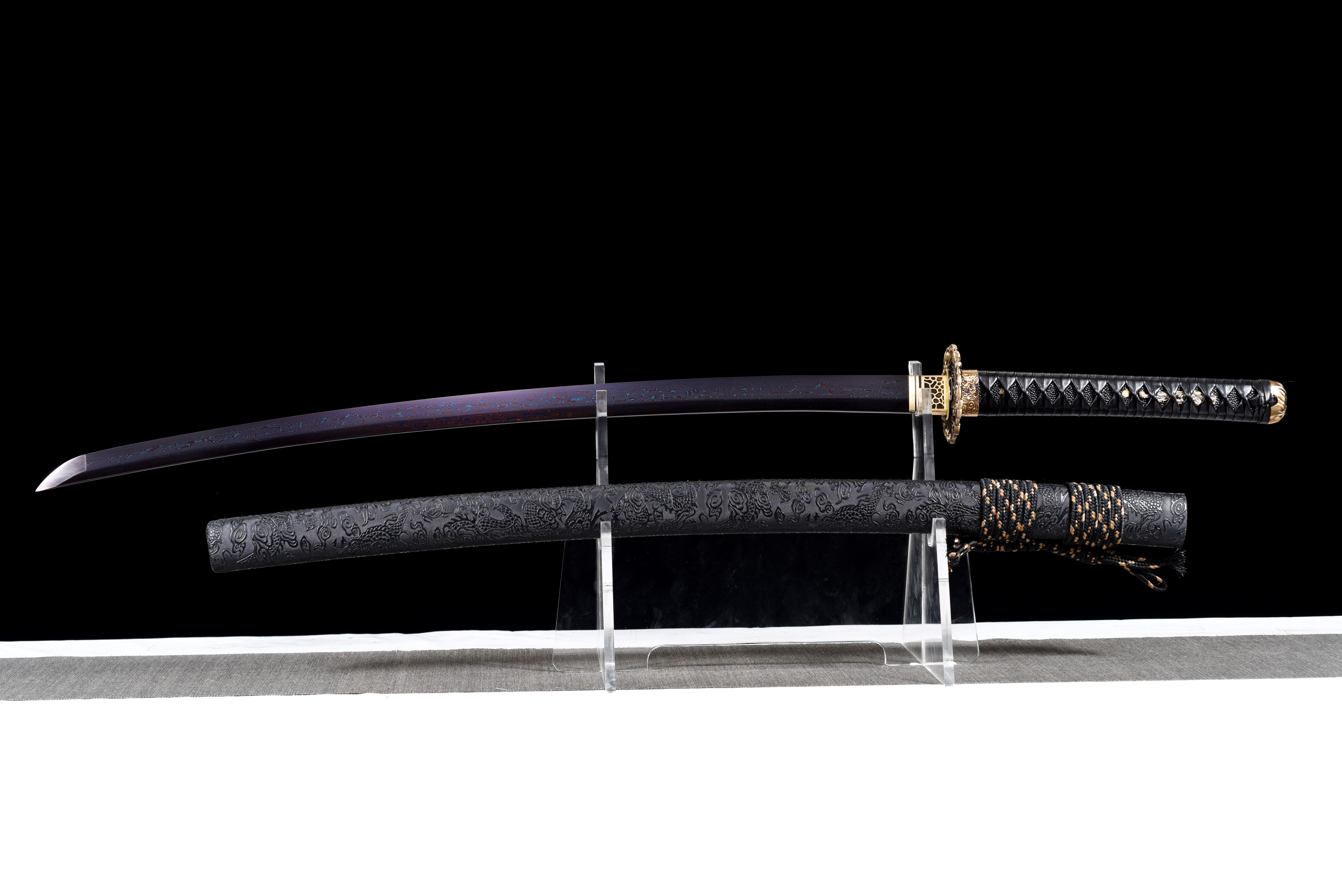 Dragon Katana – Blue Baked Damascus Steel, Full Tang