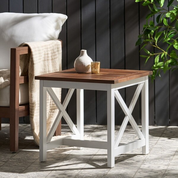 Brown+White Acacia Wood Side Table,XShaped Supports Coffee Table