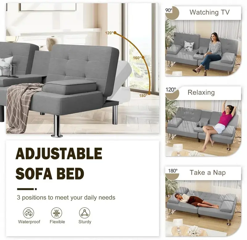 Shahoo Linen Upholstered Folding Futon – Modern Sofa Bed with Detachable Armrests