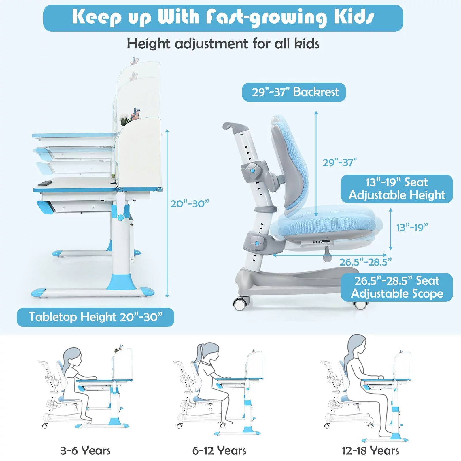 Blue Adjustable Kids Study Desk Drafting Table Chair Set w/ Bookshelf