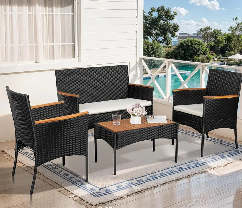 Shintenchi 4-Piece Wicker Patio Set – Outdoor Conversation Furniture with All-Weather Cushions