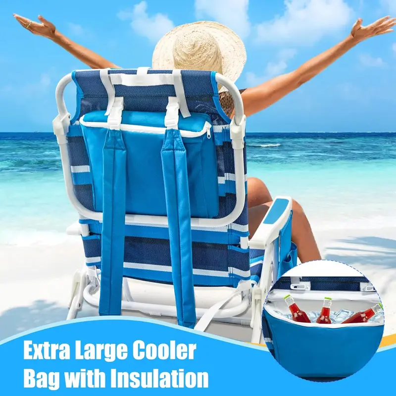 Two-Pack Textilene Folding Beach Chair – 5-Position Recliner with Backpack Straps, Cooler Bag, and Cup Holder