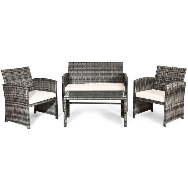 Costway 4PCS Patio Rattan Furniture Set Conversation Glass Table Top