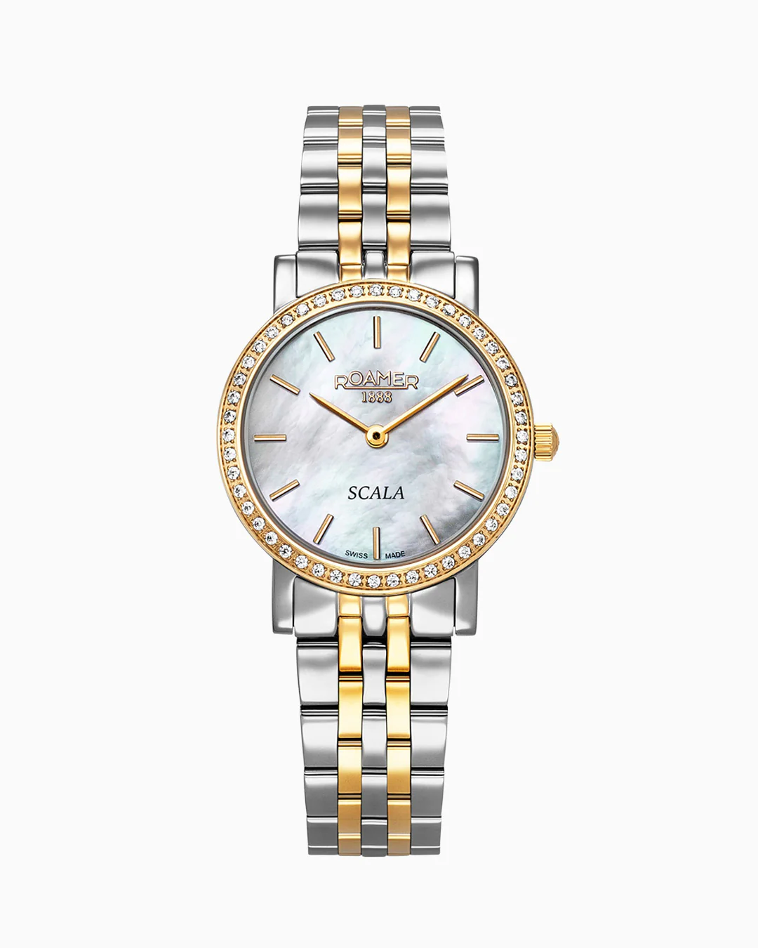 Scala 28 mm Quartz Two-Hand White Mop Dial Silver-Gold Tone Bracelet Sapphire glass Stainless Steel swiss watch