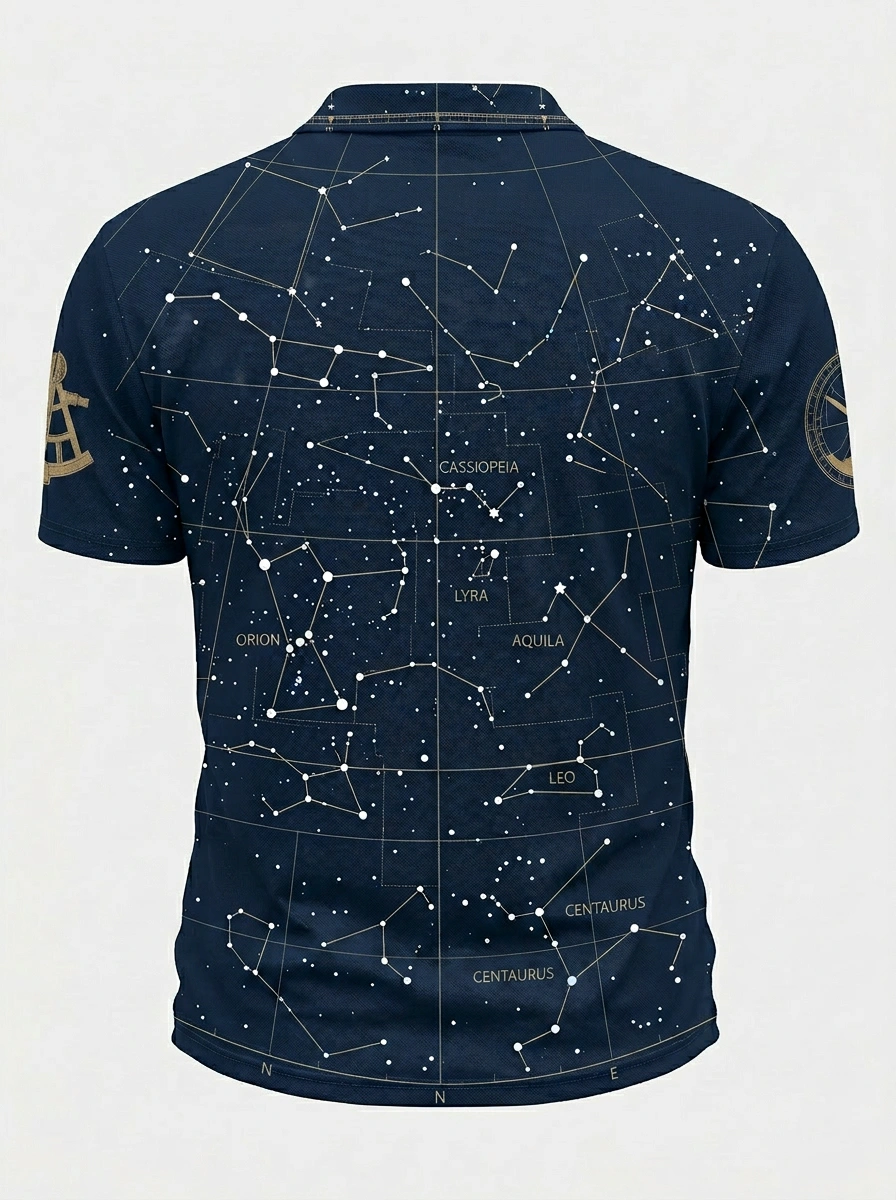 Moisture Wicking Golf Polo 3D Navy Constellation Star Map Button Short Sleeve Golf Polo Shirt