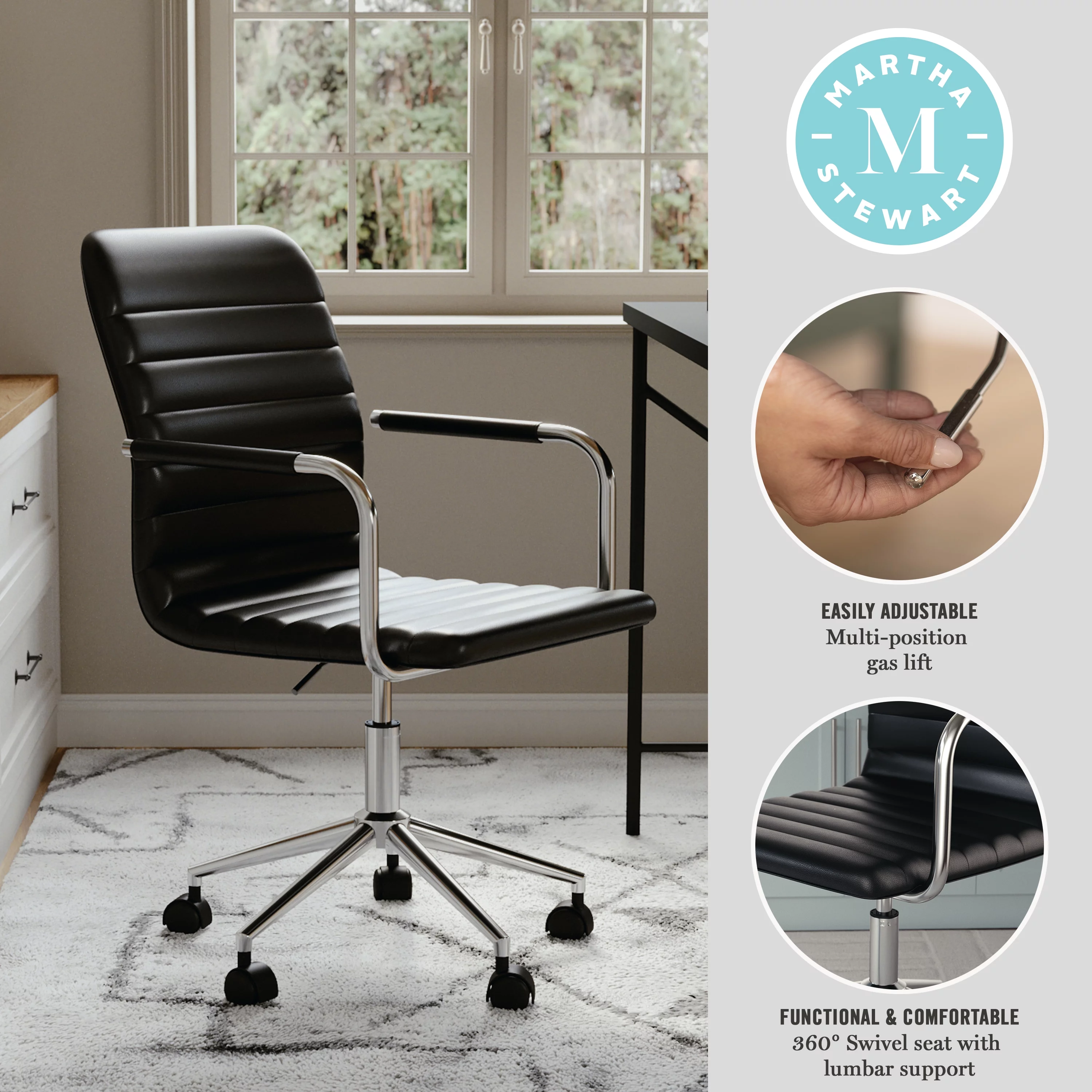 Martha Stewart Taytum Upholstered Office Chair in Black/Polished Nickel