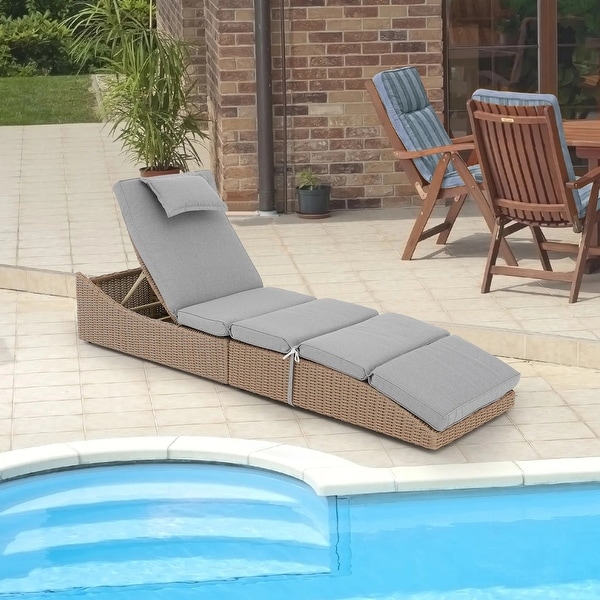 Patio Wicker Chaise Lounge Recliner Foldable Chair,w/ 5 Adjustable Back Positions and Cushion