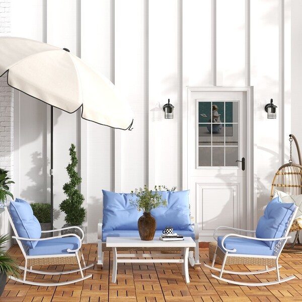 Outsunny 4 Piece Patio Furniture Set with Loveseat Sofa,Rocking Chairs,Coffee Table