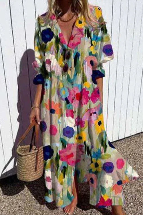 Button Down Ruched Maxi Dress with Balloon SleevesClistos