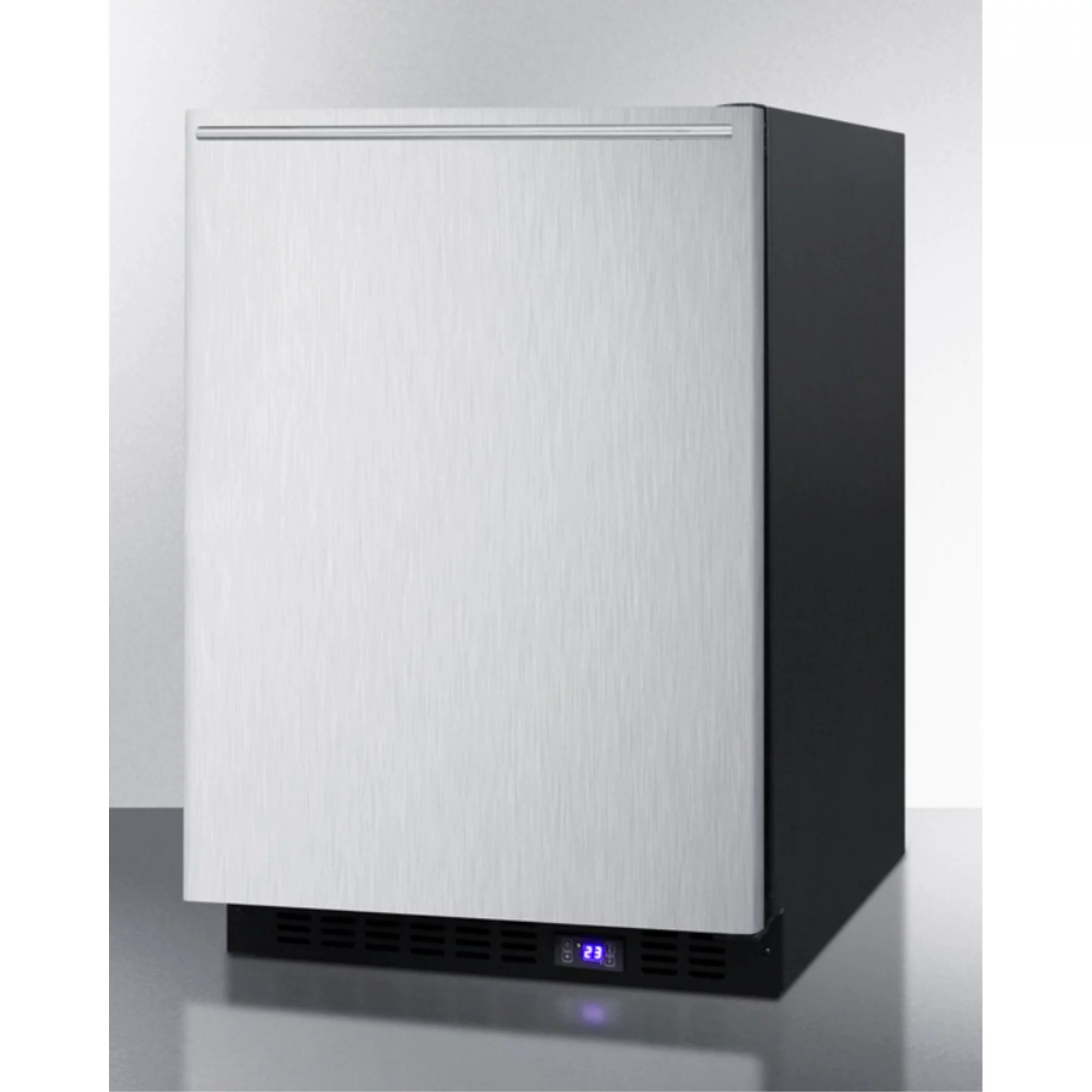 Frost-free built-in undercounter all-freezer for residential or commercial use, with stainless steel door, horizontal handle, and black cabinet