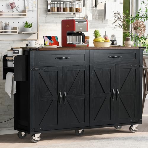 Amposei Farmhouse Rolling Kitchen Island with Power Outlet, Drop Leaf Breakfast Bar, Wooden Mobile Storage Island Cart on Wheels with Drawers, Spice Rack for Kitchen Dining Room (Retro White)