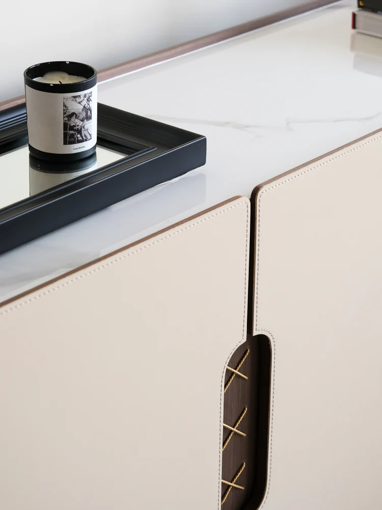 GA016 - Italian Vintage Saddle Leather Marble Long Storage Cabinet: Modern, Simple, Living Room TV Cabinet