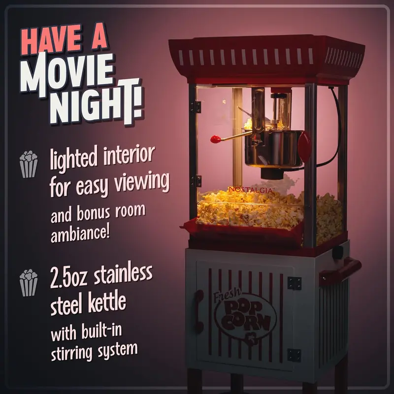 Vintage-Style Popcorn Cart – 2.5-Oz Kettle Makes 10 Cups, Red & White Theater-Inspired Design