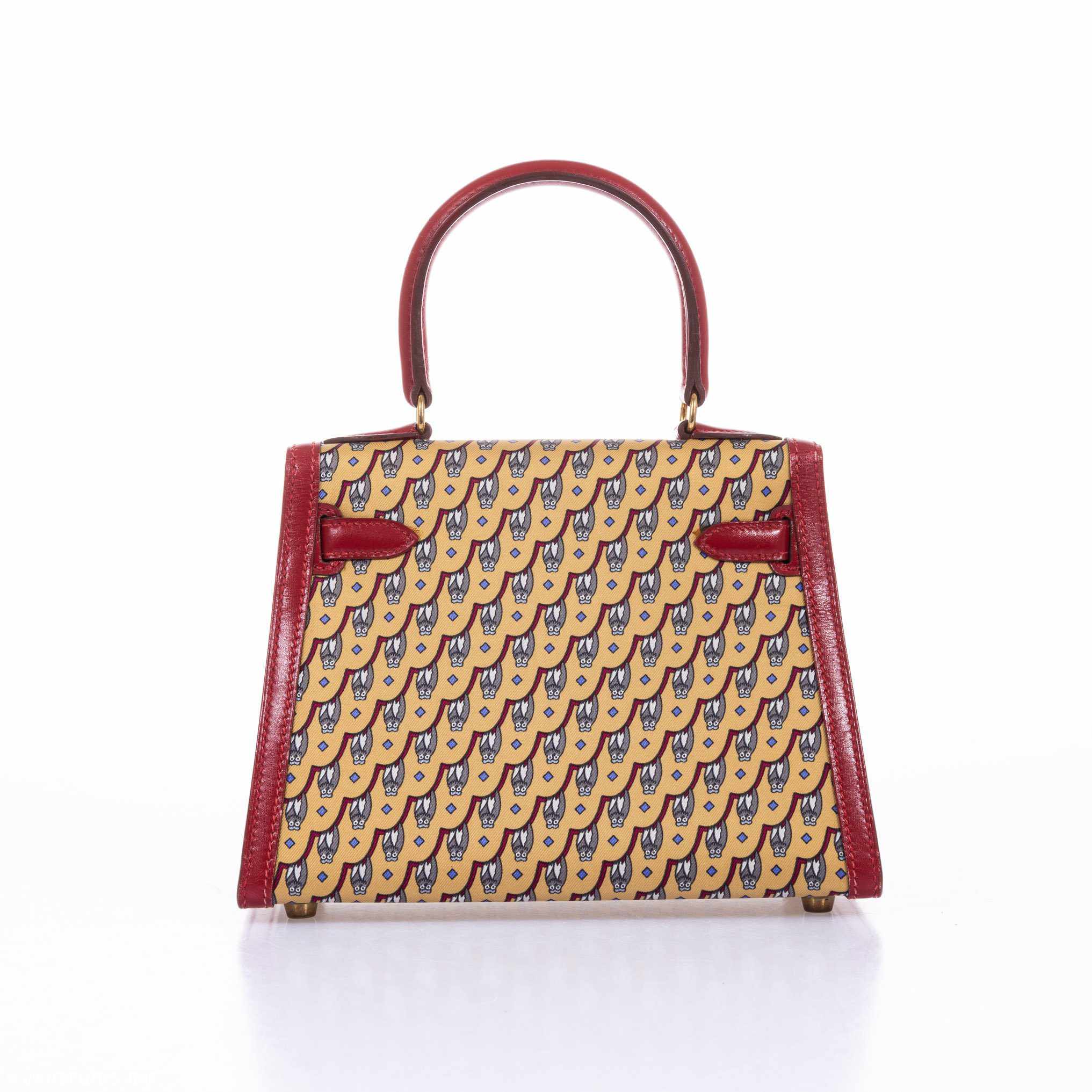 Hermès Vintage Kelly 20 Sellier Owl Print Jaune Silk & Rouge Vif Box Calf Gold Hardware