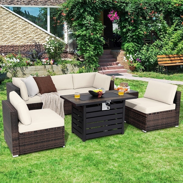 Gymax 7PCS Patio Rattan Furniture Set 42'' Fire Pit Table w/ Cover